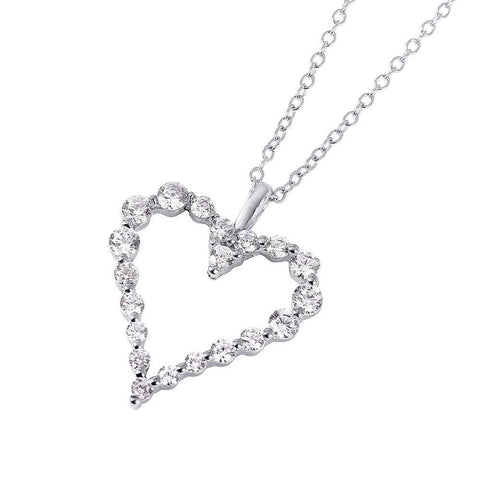 Rhodium Plated Sterling Silver Stylish Open Heart Necklace with Clear Round CZ Stones InlayAnd Chain Length of 16  Plus 2  Extension