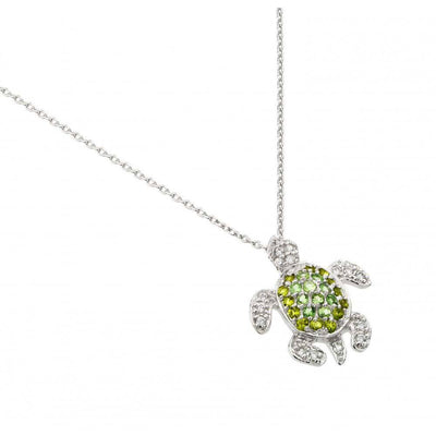 Rhodium Plated Sterling Silver Turtle Necklace with Green and Clear CZ Stones InlayAnd Chain Length of 16  Plus 2  Extension
