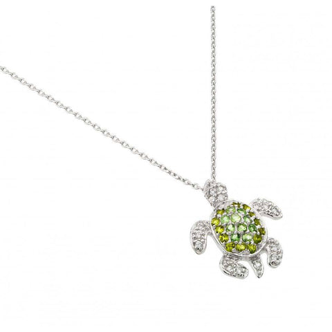 Rhodium Plated Sterling Silver Turtle Necklace with Green and Clear CZ Stones InlayAnd Chain Length of 16  Plus 2  Extension