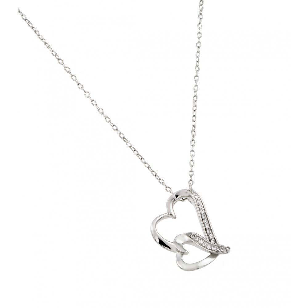 Rhodium Plated Sterling Silver Fashionable Interwined 2 Heart Paved CZ Necklace with Chain Length of 16  Plus 2  Extension