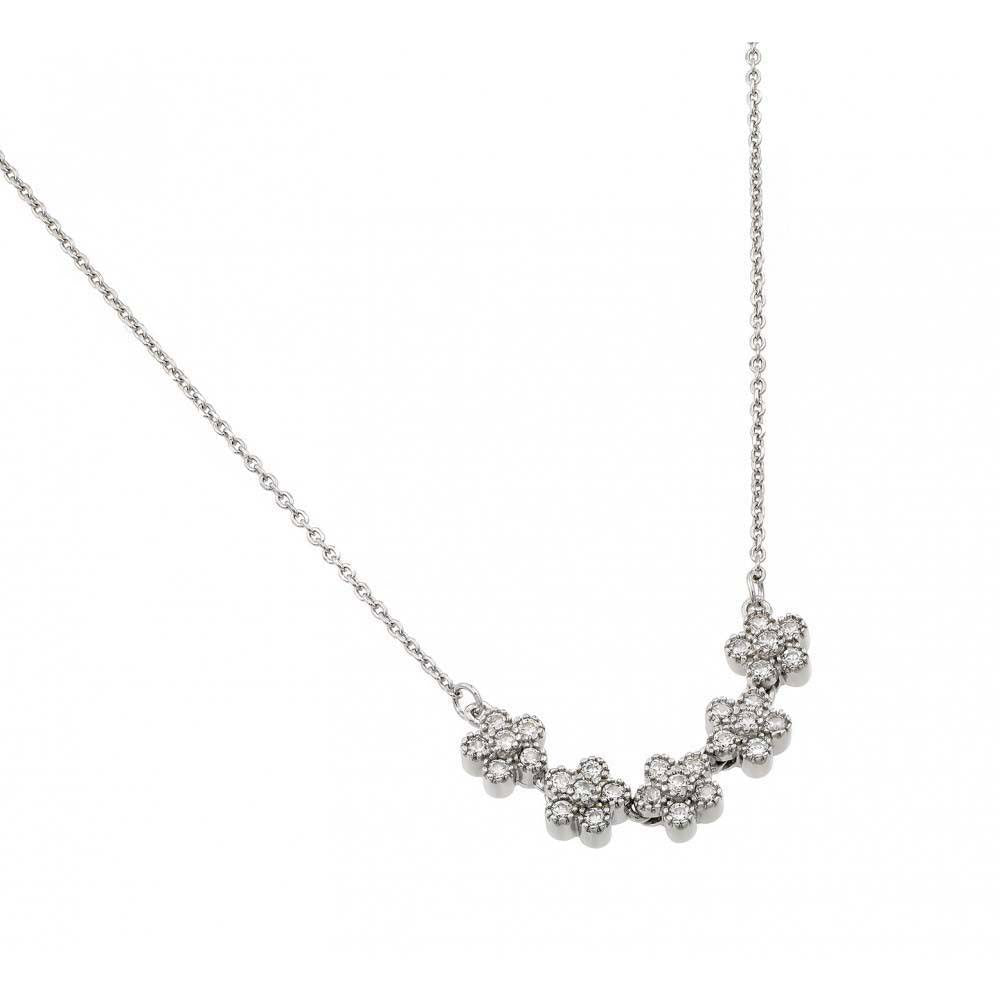 Rhodium Plated Sterling Silver Fashionable Cluster Flowers Necklace with Chain Length of 16  Plus 2  Extension