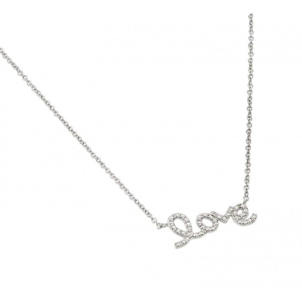 Rhodium Plated Sterling Silver Cursive Love Necklace with Chain Length of 16  Plus 2  Extension