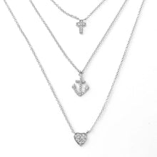 Load image into Gallery viewer, Sterling Silver Fancy Three Strands Necklace with Pave CrossAnd Anchor and Heart PendantAnd Lobster Clasp ClosureAnd Length of 16