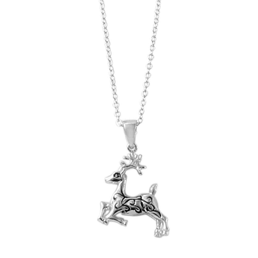 Sterling Silver Rhodium Plated Necklace with Fancy Reindeer PendantAnd Spring Clasp ClosureAnd Length of 16  with 2  extension