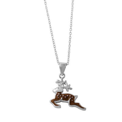 Sterling Silver Fancy Rhodium Plated Necklace with Brown Enamel Reindeer PendantAnd Spring Clasp ClosureAnd Length of 16  with 2  extension