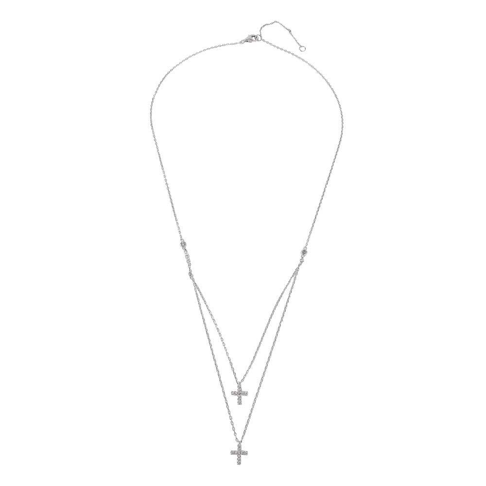 Rhodium Plated Sterling Silver Double Cross Necklace with CZ Stones and 2 Strand ChainAnd Lobster Claw Clasp and Chain Length of 16  Plus 2  Extension