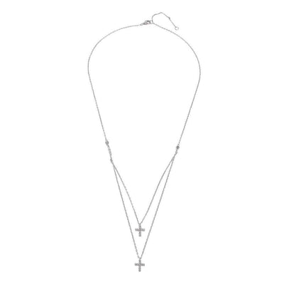 Rhodium Plated Sterling Silver Double Cross Necklace with CZ Stones and 2 Strand ChainAnd Lobster Claw Clasp and Chain Length of 16  Plus 2  Extension