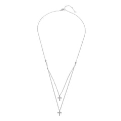 Rhodium Plated Sterling Silver Double Cross Necklace with CZ Stones and 2 Strand ChainAnd Lobster Claw Clasp and Chain Length of 16  Plus 2  Extension