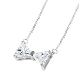 Sterling Silver Rhodium Plated Bow Tie Necklace with Clear Triangular CZ StonesAnd Spring Ring Clasp and Chain Length of 16  Plus 2  Extension