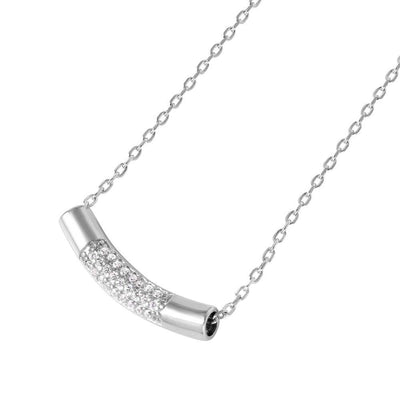 Sterling Silver Rhodium Plated Round Bar Necklace with Clear CZ StonesAnd Spring Ring ClaspAnd Chain Length of 16  Plus 2  Extension