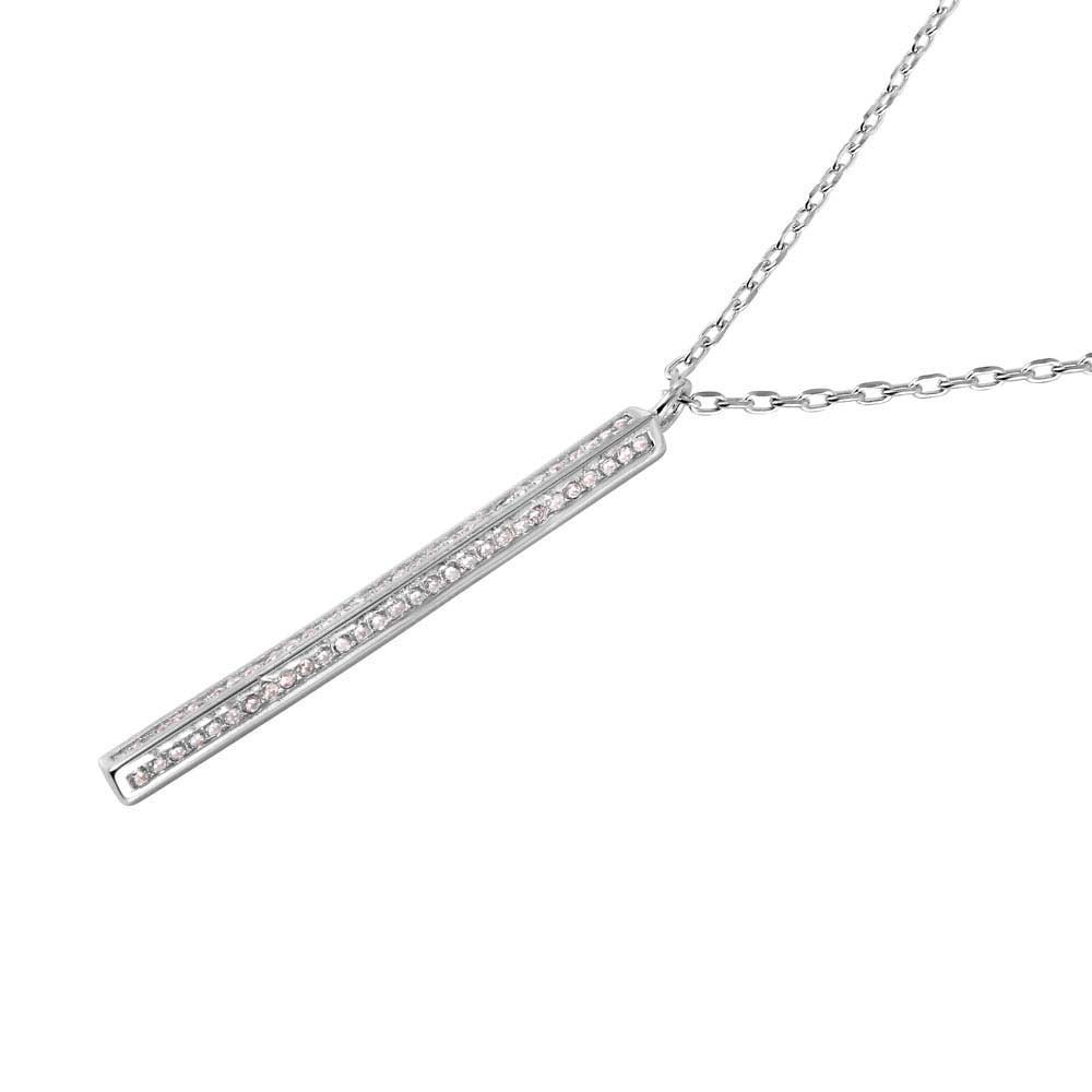 Sterling Silver Rhodium Plated Vertical Bar Necklace with Clear CZ StonesAnd Spring Ring Clasp and Chain Length of 16  Plus 2  Extension