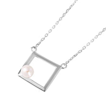 Load image into Gallery viewer, Sterling Silver Rhodium Plated Open Square Necklace with Round Synthetic Pearl and Chain Length of 16  Plus 2  Extension
