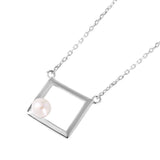 Sterling Silver Rhodium Plated Open Square Necklace with Round Synthetic Pearl and Chain Length of 16  Plus 2  Extension