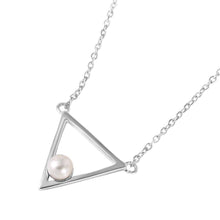 Load image into Gallery viewer, Sterling Silver Rhodium Plated Open Triangle Necklace with Round Synthetic Pearl and Chain Length of 16  Plus 2  Extension