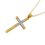 Sterling Silver Gold Plated Necklace with Cross Inlaid with Clear Cz PendantAnd Spring Clasp ClosureAnd Length of 16  with 2  extensionAnd