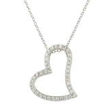 Sterling Silver Rhodium Plated Crooked Heart Necklace with CZ