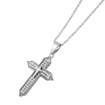 Sterling Silver Rhodium Plated Double Cross Necklace with Small Round Cut CZ StonesAnd Chain Length of 16  Plus 2  Extension
