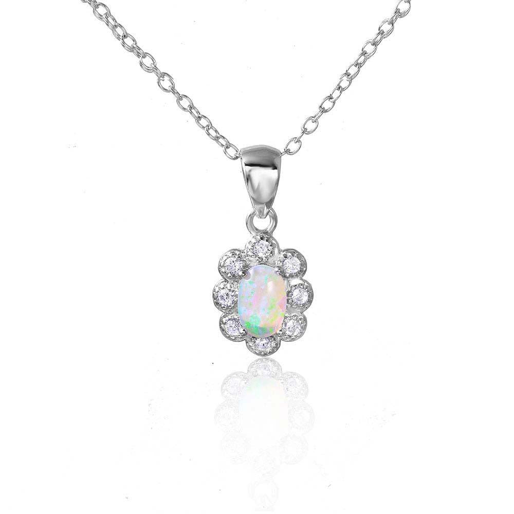 Rhodium Plated Sterling Silver Flower with Synthetic Opal in the MiddleAnd and Petals Paved with CZ Stones Necklace