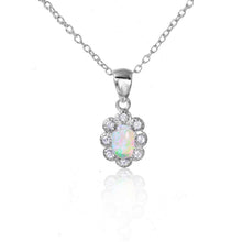 Load image into Gallery viewer, Rhodium Plated Sterling Silver Flower with Synthetic Opal in the MiddleAnd and Petals Paved with CZ Stones Necklace