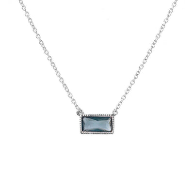 Rhodium Plated Sterling Silver Rectangle Blue CZ Necklace with Dimension of 10MMx4MM
