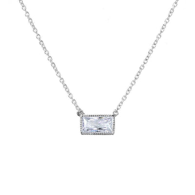 Rhodium Plated Sterling Silver Rectangle Clear CZ Necklace with Dimension of 10MMx4MM