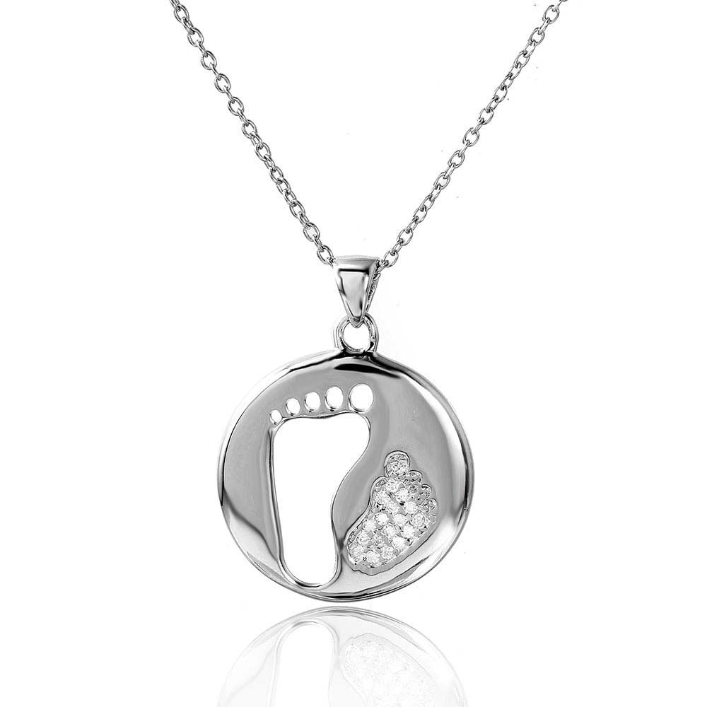 Rhodium Plated Sterling Silver Stylish Necklace with Cut Out and Paved CZ Foot DesignAnd Spring Ring Clasp