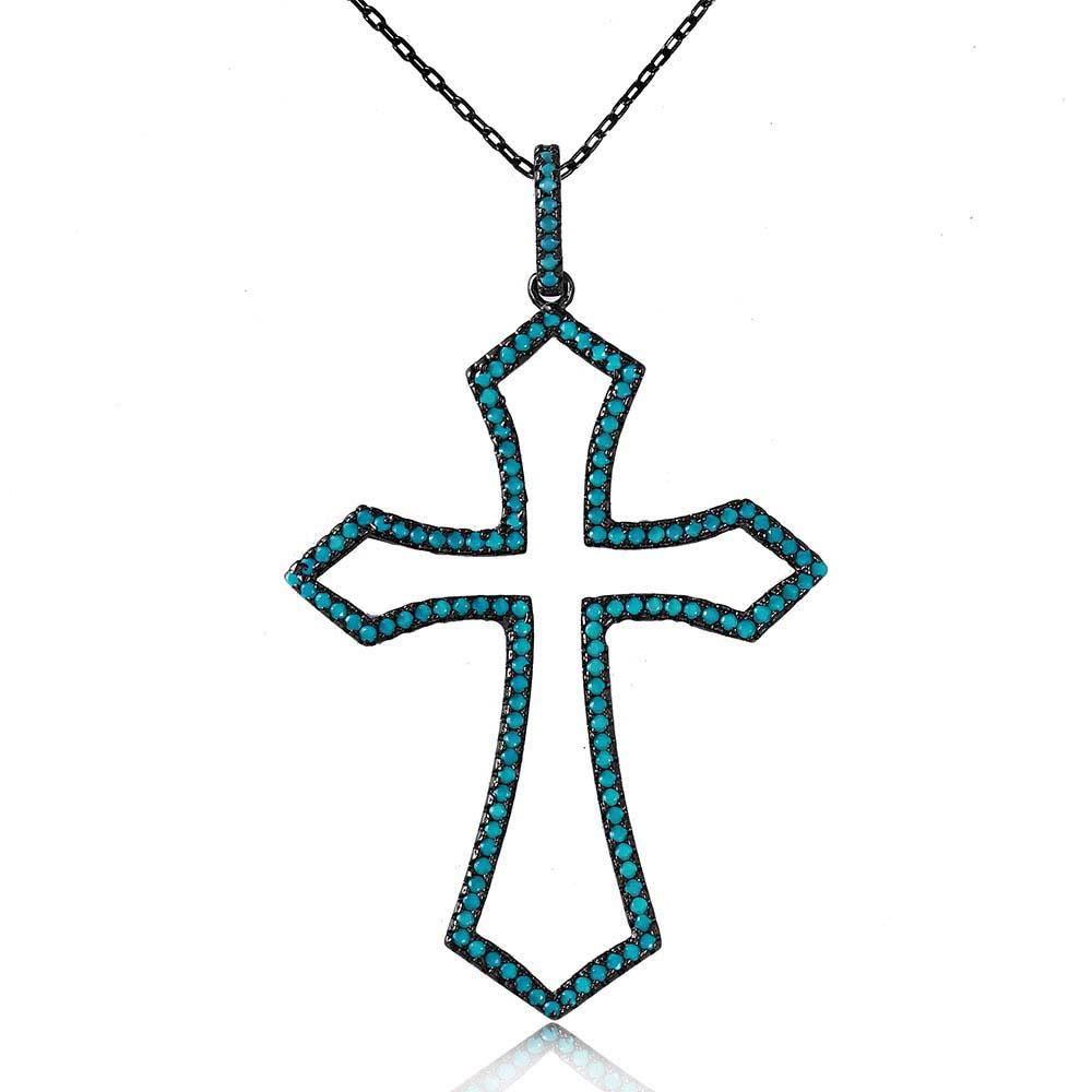 Black Rhodium Plated Sterling Silver Open Cross Necklace Paved with Synthetic Turquoise StonesAnd Pendant Dimension of 30MM x 45.5MM and Spring Ring Clasp