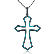 Load image into Gallery viewer, Black Rhodium Plated Sterling Silver Open Cross Necklace Paved with Synthetic Turquoise StonesAnd Pendant Dimension of 30MM x 45.5MM and Spring Ring Clasp
