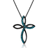 Black Rhodium Plated Sterling Silver Open Eternity Cross Necklace Paved with Synthetic Turquoise StonesAnd Pendant Dimension of 18.6MMx23.5MM and Spring Ring Clasp