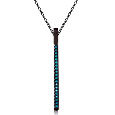Black Rhodium Plated Sterling Silver Vertical Long Bar Necklace Paved with Synthetic Turquoise StonesAnd Spring Ring Clasp