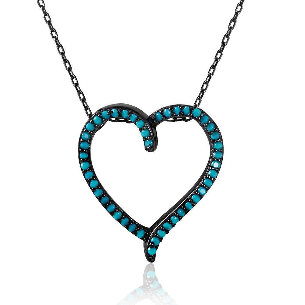 Black Rhodium Plated Sterling Silver Heart Necklace Paved with Synthetic Turquoise StonesAnd Spring Ring Clasp