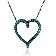 Load image into Gallery viewer, Black Rhodium Plated Sterling Silver Heart Necklace Paved with Synthetic Turquoise StonesAnd Spring Ring Clasp