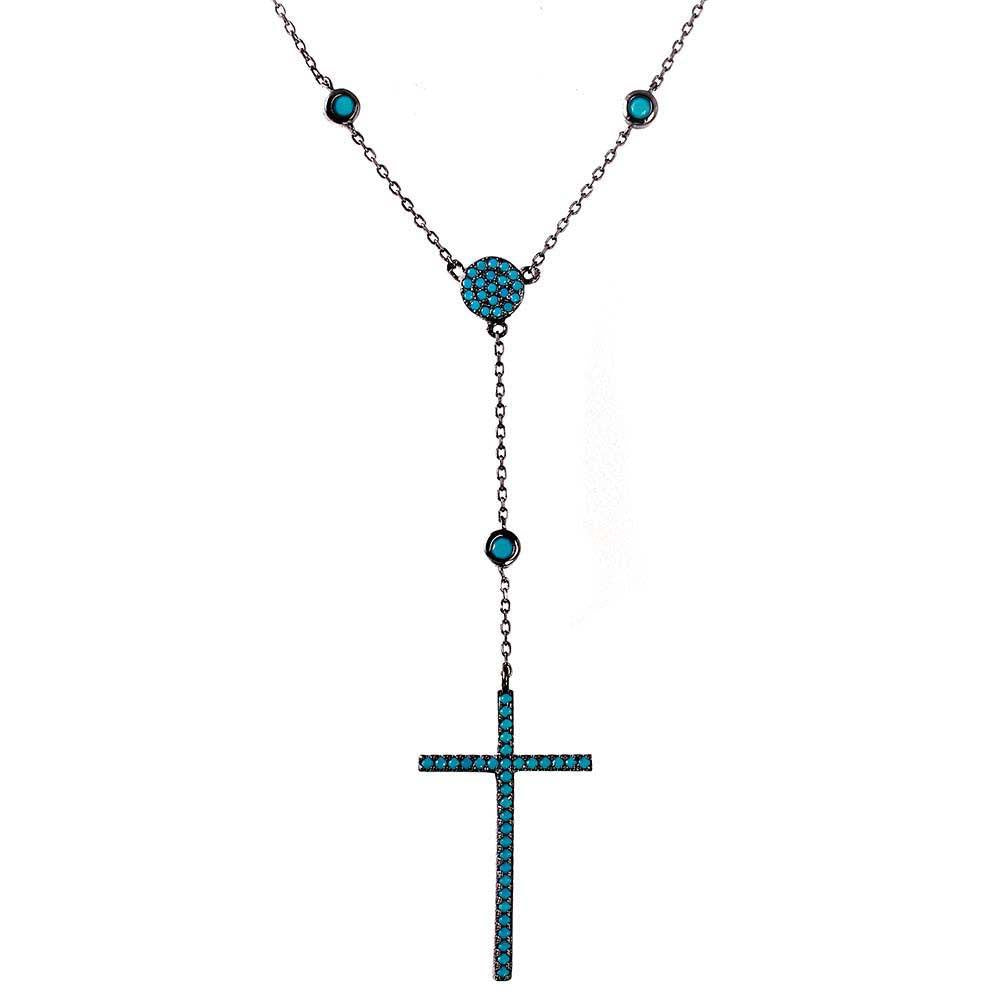 Sterling Silver Black Rhodium Plated Cross Necklace With Turquoise Stones Necklace