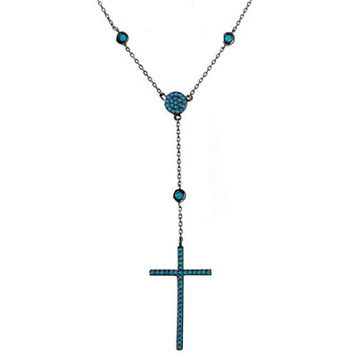Sterling Silver Black Rhodium Plated Cross Necklace With Turquoise Stones Necklace