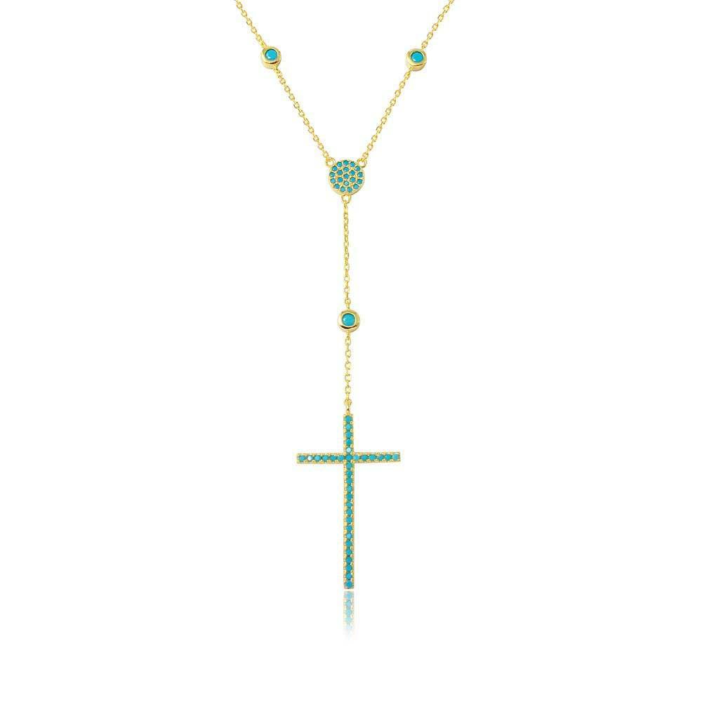 Sterling Silver GoldPlated Cross Necklace With Synthetic Turquoise Stones Necklace