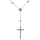 Sterling Silver Rhodium Plated Cross Necklace With Synthetic Turquoise Stones