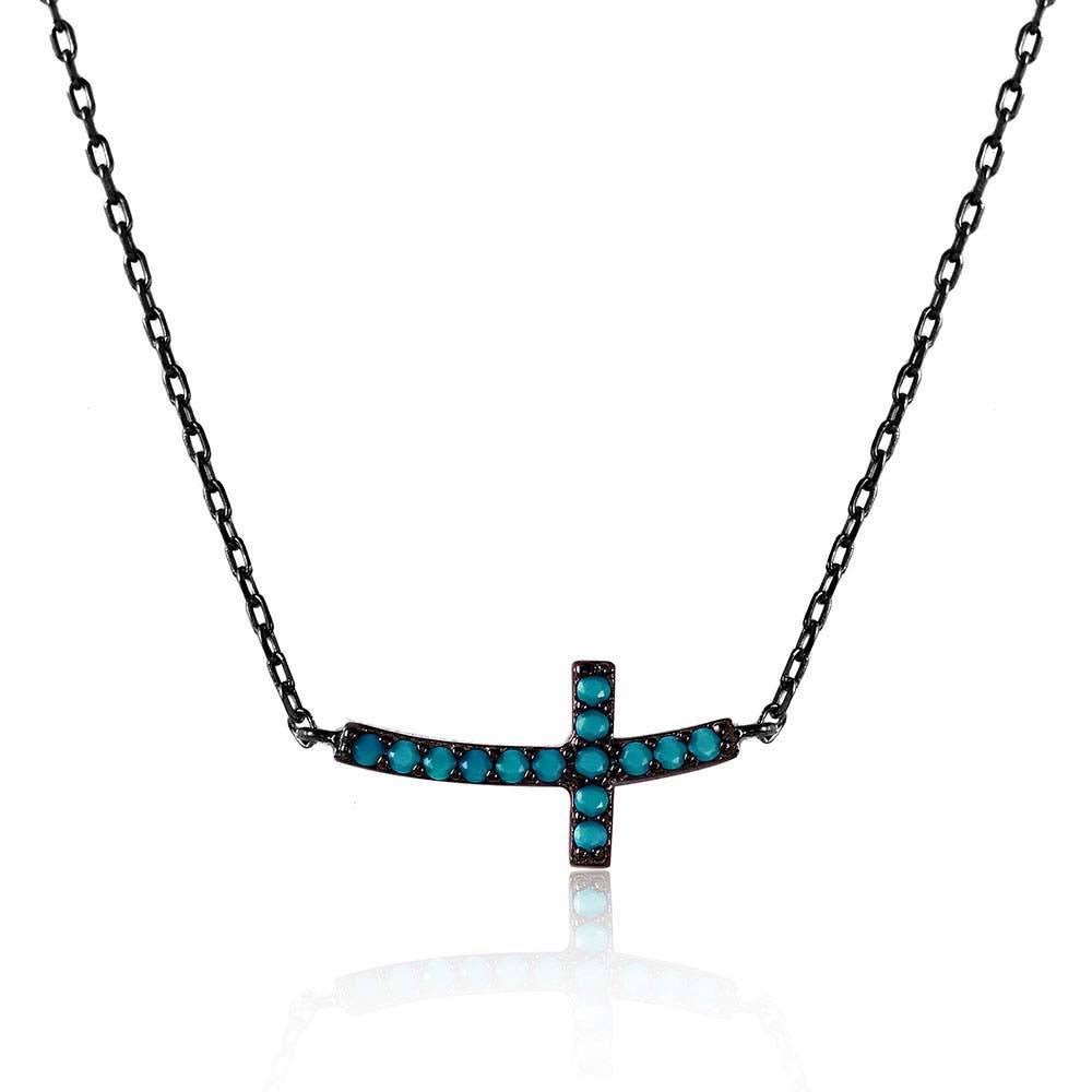 Sterling Silver Black Rhodium Plated Side way Cross Necklace With Synthetic Turquoise Stones Necklace