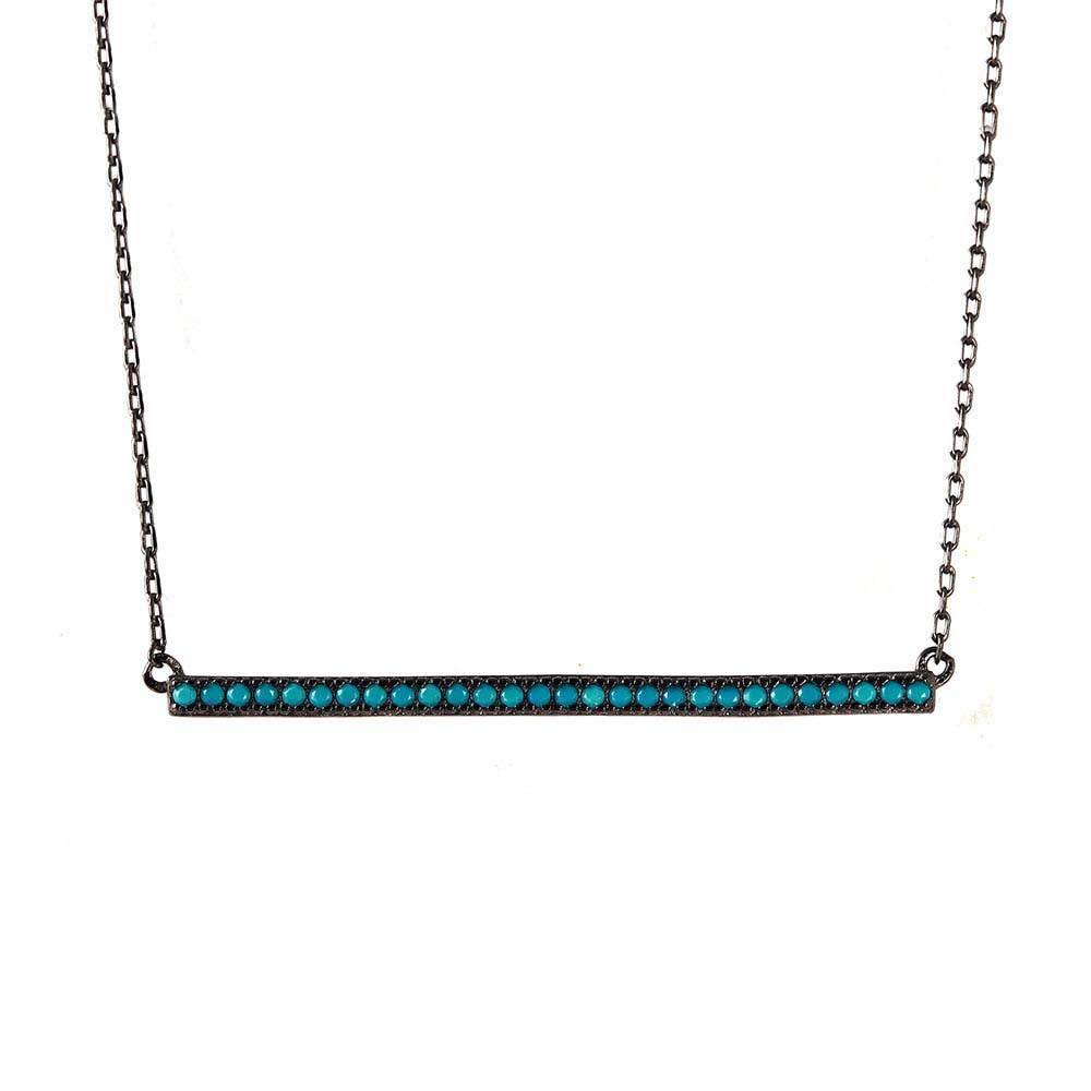 Black Rhodium Plated Sterling Silver Bar Paved with Synthetic Turquoise StonesAnd Spring Ring Clasp