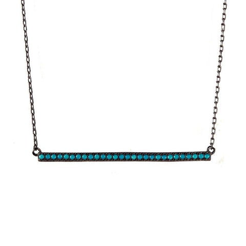 Black Rhodium Plated Sterling Silver Bar Paved with Synthetic Turquoise StonesAnd Spring Ring Clasp