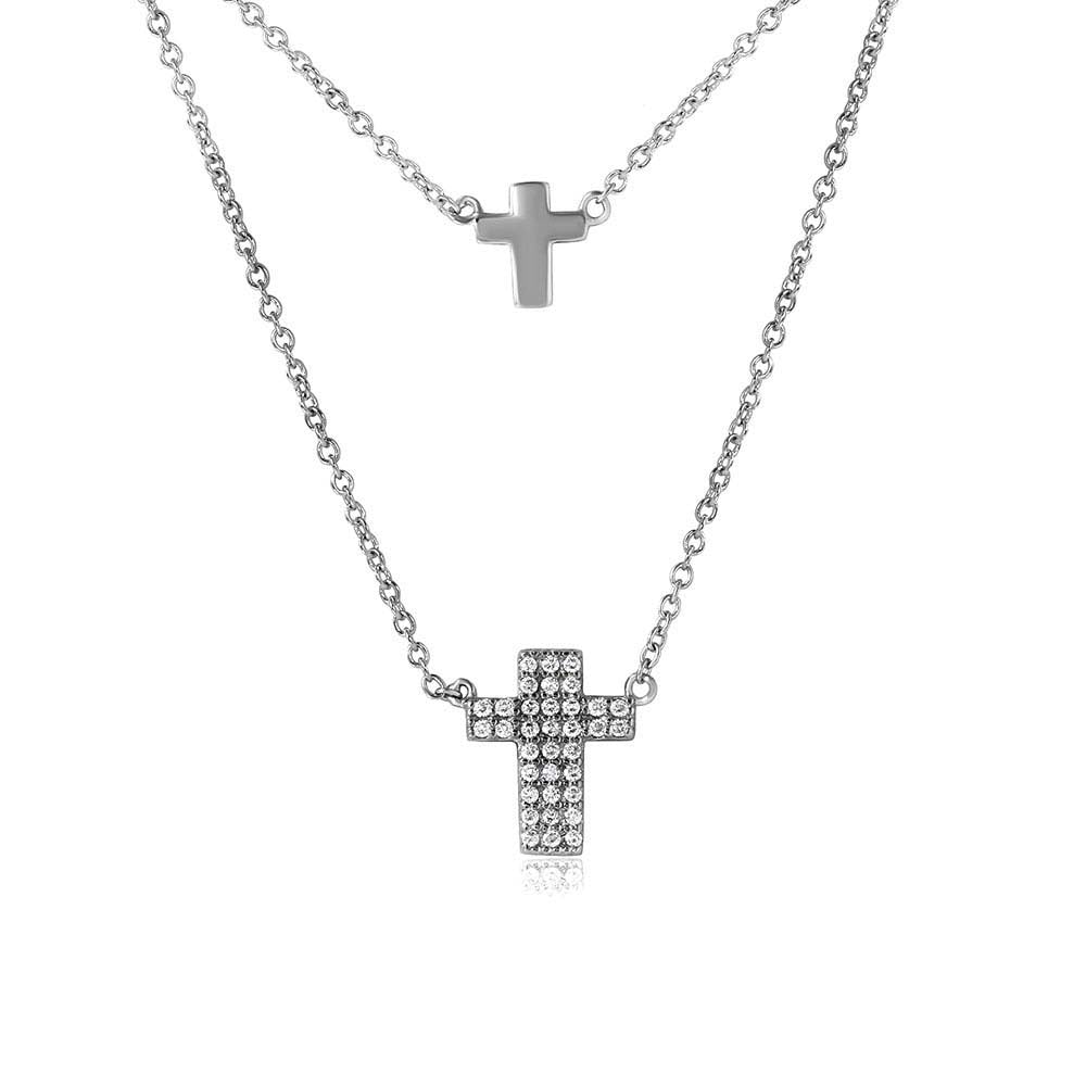 Rhodium Plated Sterling Silver Double Strand  Cross Necklace with Paved CZAnd Lobster Claw Clasp