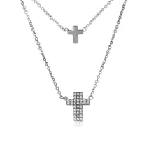 Load image into Gallery viewer, Rhodium Plated Sterling Silver Double Strand  Cross Necklace with Paved CZAnd Lobster Claw Clasp