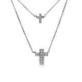 Rhodium Plated Sterling Silver Double Strand  Cross Necklace with Paved CZAnd Lobster Claw Clasp