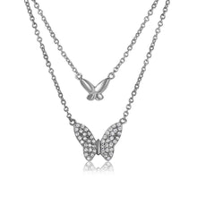 Load image into Gallery viewer, Rhodium Plated Sterling Silver Double Strand Butterflies Paved with CZ NecklaceAnd Lobster Claw Clasp
