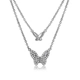 Rhodium Plated Sterling Silver Double Strand Butterflies Paved with CZ NecklaceAnd Lobster Claw Clasp