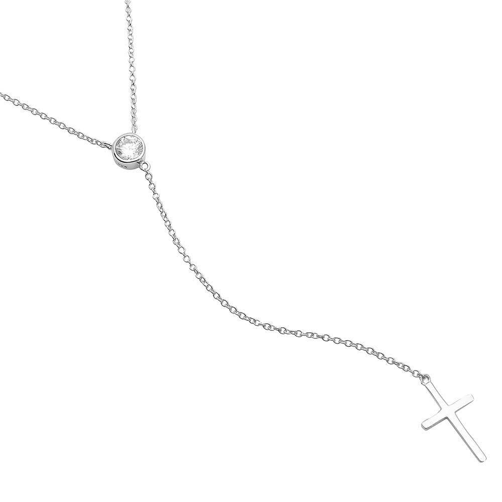 Sterling Silver Rhodium Plated Single CZ Stone With Drop Cross Necklace