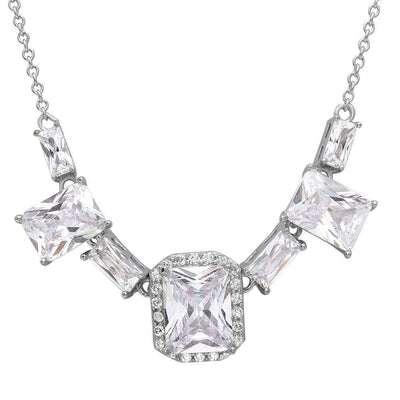 Sterling Silver Rhodium Plated Square Halo Center 7 CZ Necklace