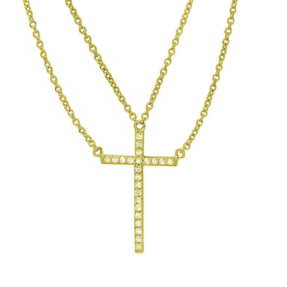 Sterling Silver Gold Plated Multi Chain CZ Cross Necklace