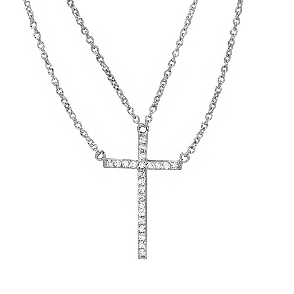 Sterling Silver Rhodium Plated Multi Chain CZ Cross Necklace