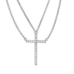 Sterling Silver Rhodium Plated Multi Chain CZ Cross Necklace