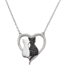 Load image into Gallery viewer, Sterling Silver Rhodium Plated CZ Open Heart With 2 Cat Necklace